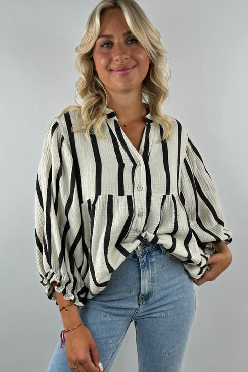 Stripe Crinckled Ruffled Sleeve Button up Loose Shirt